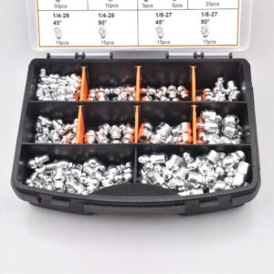 220 piece ultimate grease fitting kit, SAE Metric all-in-one grease nipples, 1/4-28 grease fittings, 1/8-27 grease nipples, M6 M8 M10 grease fitting set, straight 45 90 degree grease nipples, comprehensive lubrication kit, professional workshop grease fittings, fleet maintenance grease nipple set, heavy equipment lubrication tools, zinc plated steel grease fittings, high capacity grease fitting assortment, multi-angle grease nipple kit, complete grease fitting solution, bulk grease fitting set