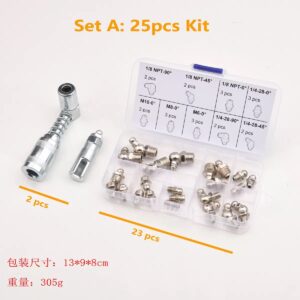 25pc grease fitting adapter kit, multi-standard grease nipple set, SAE metric NPT grease fitting assortment, industrial lubrication adapter kit, grease fitting replacement set, 90 degree grease fitting kit, automotive grease adapter set, heavy duty grease nipple kit, compact grease fitting storage kit, tractor grease fitting set