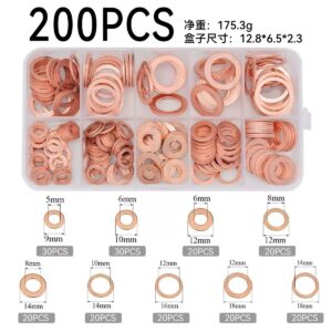 200PCS Copper Sealing Washer Assortment Kit, High-Density Red Copper Flat Gasket Set for Automotive Repair, Industrial Maintenance & DIY Projects