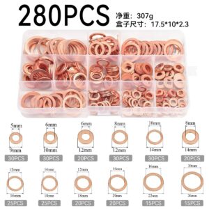 280PCS Copper Sealing Washer Assortment Kit, Complete Red Copper Flat Gasket Set for Heavy-Duty Automotive, Marine & Industrial Sealing