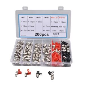 200-Piece Metric Grease Fitting Kit | M6/M8/M10 Nipples + Dust Caps